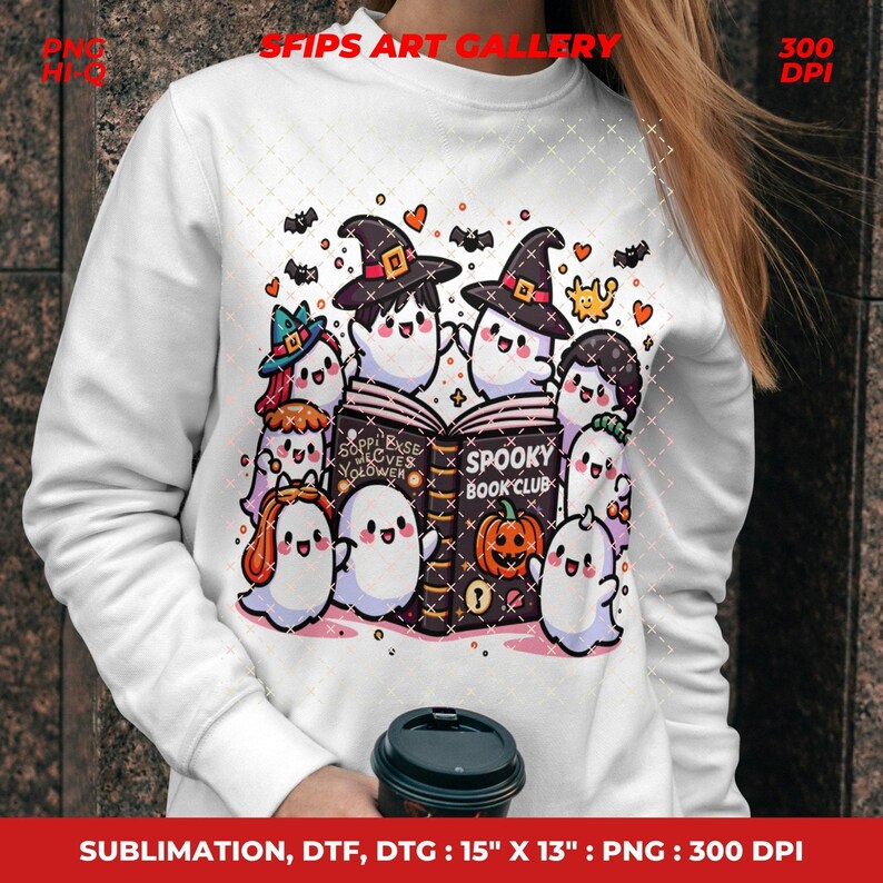 May include: White sweatshirt featuring a colorful Halloween-themed graphic. The design includes cute ghosts, witch hats, bats, hearts, and a pumpkin. The text "Spooky Book Club" is visible on an open book. The sweatshirt is 15" x 13".