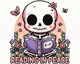 Bookish Skeleton Reading PNG: RIP Art, T-Shirt Design (Digital Download)