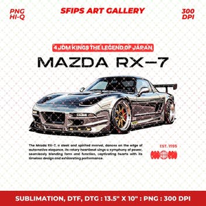 Op de afbeelding: Illustratie van een zilveren Mazda RX-7 sportwagen. De afbeelding bevat de tekst "4 JDM Kings The Legend of Japan" en "MAZDA RX-7". Het ontwerp bevat ook de tekst "EST. 1995". De afbeelding is gelabeld met "34.3 cm x 25.4 cm" en "300 DPI".