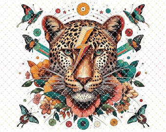 Retro Leopard PNG: Butterfly & Floral Sublimation Design (Digital Download)
