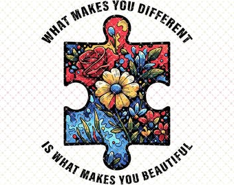 Autism Awareness Puzzle PNG, Floral Design (Digital Download)