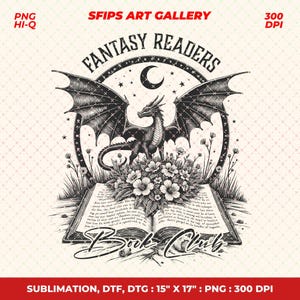 Fantasy Readers Book Club PNG, Dragon lover Png, Trendy Retro Fantasy Dragon Bookish Book Lover for Shirt, Sticker, Sublimation Design