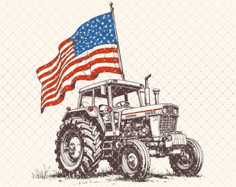 Tractor vintage con bandera estadounidense PNG: Gráfico patriótico de granja (descarga digital)