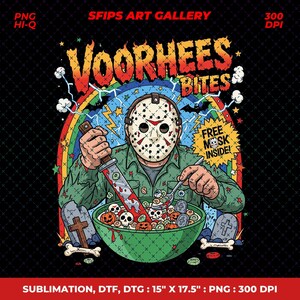 May include: A graphic illustration of a masked horror film character holding a bloody knife and spoon over a bowl of cereal with skulls and pumpkins. The text "Voorhees Bites" is above the figure, with "Free Mask Inside!" on the right. The image is 38cm x 44cm.