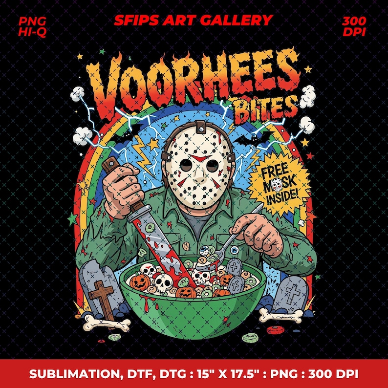 May include: A graphic illustration of a masked horror film character holding a bloody knife and spoon over a bowl of cereal with skulls and pumpkins. The text "Voorhees Bites" is above the figure, with "Free Mask Inside!" on the right. The image is 38cm x 44cm.