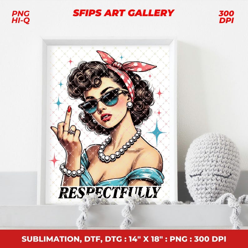 Puede incluir: Una impresi&oacute;n enmarcada con una ilustraci&oacute;n retro de una mujer con gafas de sol y un pa&ntilde;uelo rojo de lunares, mostrando el dedo medio. La impresi&oacute;n incluye la palabra "RESPECTFULLY" y mide 35,56 cm x 45,72 cm.