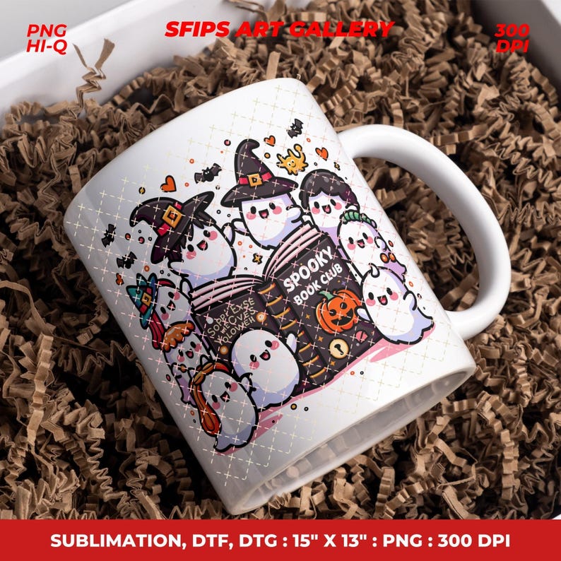 May include: White ceramic mug featuring a Halloween-themed design. The mug showcases cartoon ghosts, bats, and a pumpkin, with the text "Spooky Book Club." The design includes a witch's hat and a book. The mug is set against a backdrop of brown packing material.