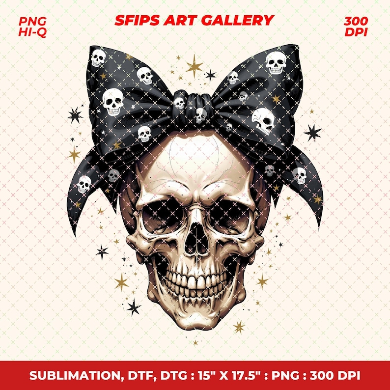 Puede incluir: Ilustraci&oacute;n detallada de una calavera con un lazo negro con patrones de calaveras blancas. La calavera tiene una paleta de colores neutros con detalles de estrellas doradas. Tambi&eacute;n incluye el texto "SFIPS ART GALLERY".
