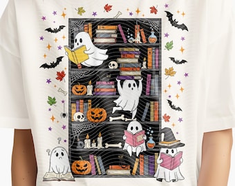 Retro Halloween Bookshelf PNG: Ghost Reading Book Sublimation Design (Digital Download)