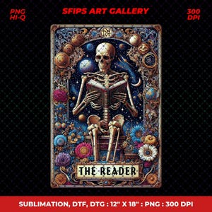 The Reader Tarot Card PNG, Reading Skeleton Sublimation Design, Book Lover Booktrovert Skull Tarot T-shirt Mug PNG File, Digital Download