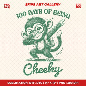 100 Days of Being Cheeky Funny Monkey School Milestone Illustration PNG (Digital Download)
