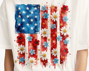 Bandera estadounidense con pinceladas florales PNG: Diseño del 4 de julio (Descarga digital)