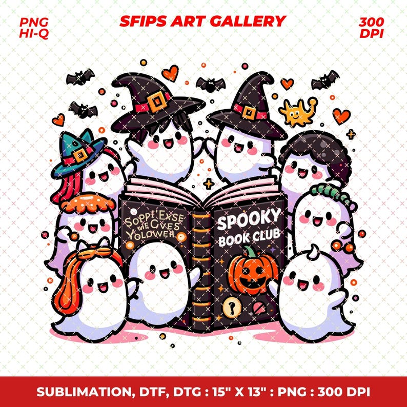 May include: A whimsical Halloween-themed illustration featuring cartoon ghosts gathered around a book. The book reads "Spooky Book Club" and "Sopp Exse Mecves Yolower". The image includes bats, hearts, and a pumpkin. The text "SFIPS ART GALLERY" is at the top.