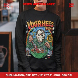 May include: Black sweatshirt with a colourful graphic of Jason Voorhees from the Friday the 13th film series. The design includes a rainbow, a bowl of skulls, and the text "VOORHEES BITES". The sweatshirt also has the text "FREE MASK INSIDE!"