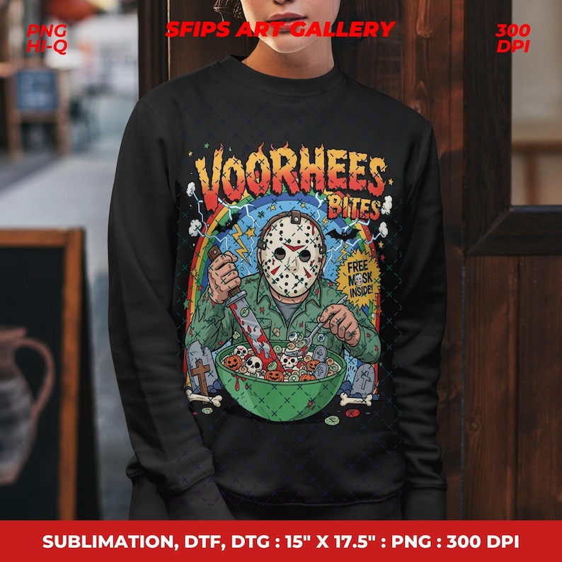 May include: Black sweatshirt with a colourful graphic of Jason Voorhees from the Friday the 13th film series. The design includes a rainbow, a bowl of skulls, and the text "VOORHEES BITES". The sweatshirt also has the text "FREE MASK INSIDE!"