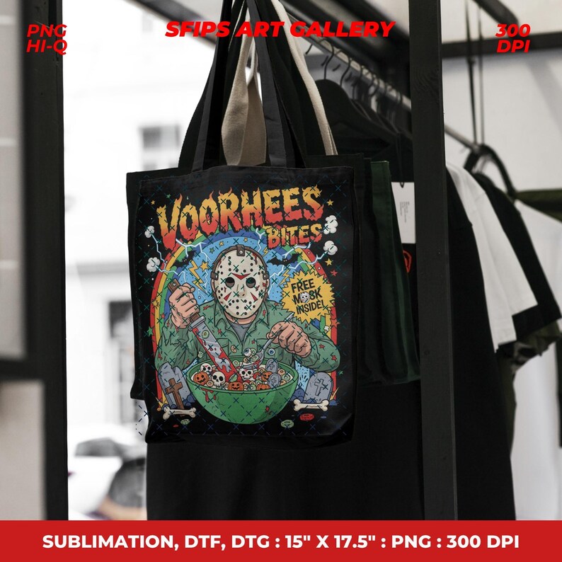May include: Black tote bag with a graphic of a masked figure holding a knife over a bowl of skulls. The text "VOORHEES BITES" is above the image. The bag measures approximately 38 cm x 44 cm.