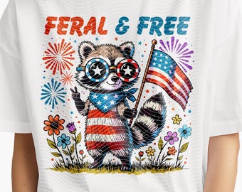 Funny 4th of July Raccoon PNG: Feral & Free Kids Shirt (Digital Download)