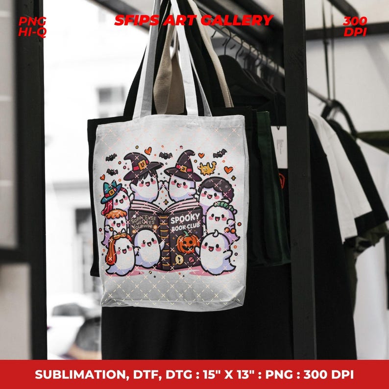 May include: A white tote bag featuring a group of cartoon ghosts reading a book titled "Spooky Book Club." The bag has black handles and the text "Spooky Book Club" is visible. The bag measures 15" x 13".