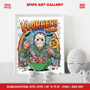 May include: A framed print with a vibrant illustration of a masked character with a bloody knife and spoon over a bowl of cereal. The cereal bowl is green and filled with skull-shaped cereal. The text "VOORHEES BITES" is at the top of the print.