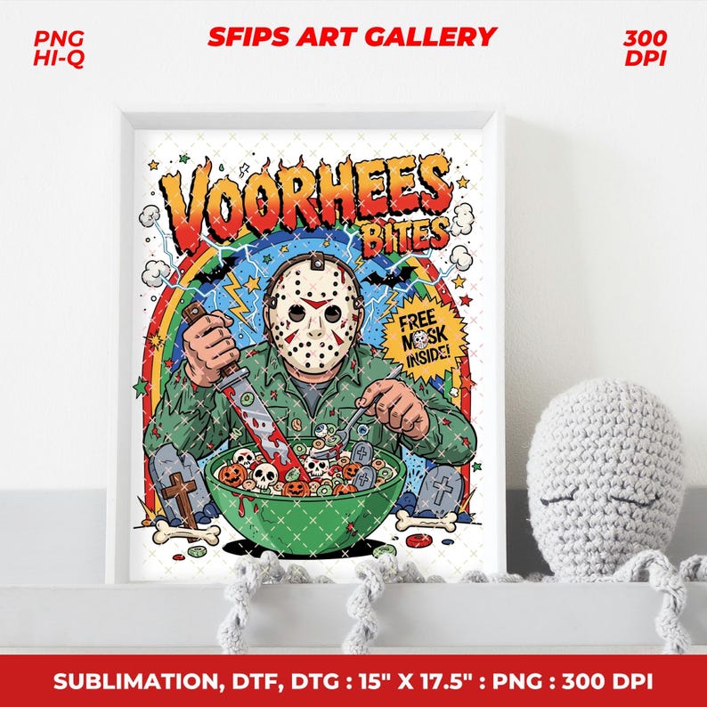 May include: A framed print with a vibrant illustration of a masked character with a bloody knife and spoon over a bowl of cereal. The cereal bowl is green and filled with skull-shaped cereal. The text "VOORHEES BITES" is at the top of the print.