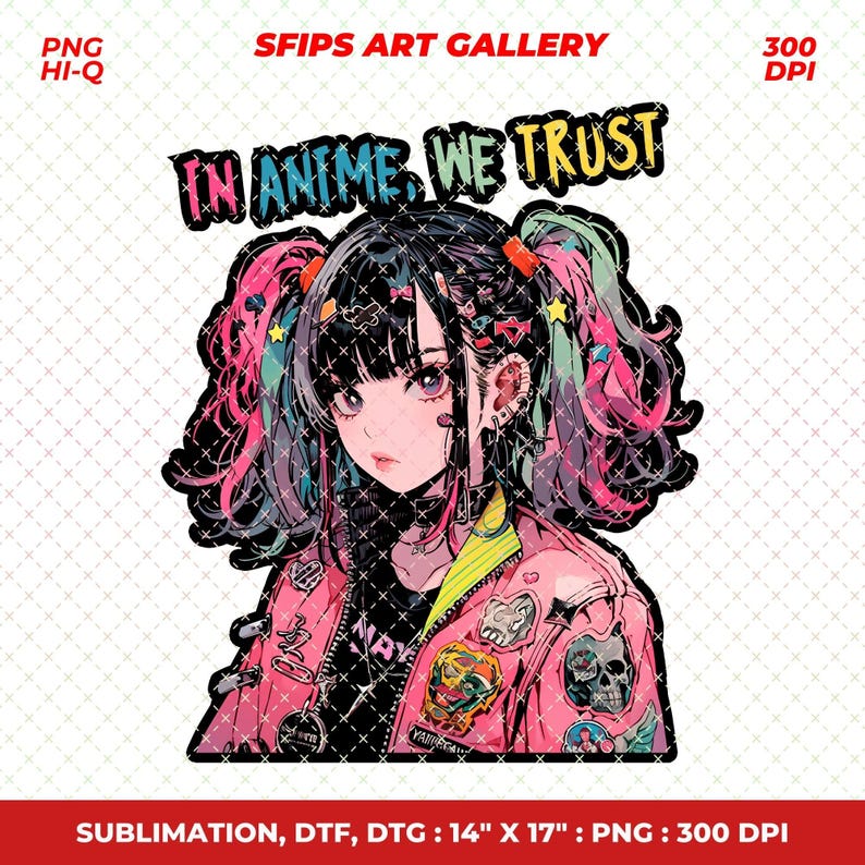 K&ouml;nnte beinhalten: Anime-Illustration eines M&auml;dchens mit schwarzen Haaren, die zu Z&ouml;pfen mit rosa und blauen Highlights gestylt sind. Sie tr&auml;gt eine rosa Jacke mit Aufn&auml;hern und dem Text "IN ANIME, WE TRUST". Das Bild ist 35,56 cm x 43,18 cm gro&szlig;.