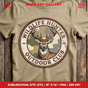 May include: Tan t-shirt featuring a circular emblem with a deer illustration and the text "WILDLIFE HUNTER OUTDOOR CLUB." The emblem has a camouflage background. The shirt's dimensions are 15" x 14".