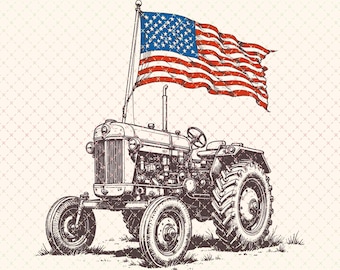 Tractor vintage con bandera estadounidense PNG: Gráfico patriótico de granja (descarga digital)