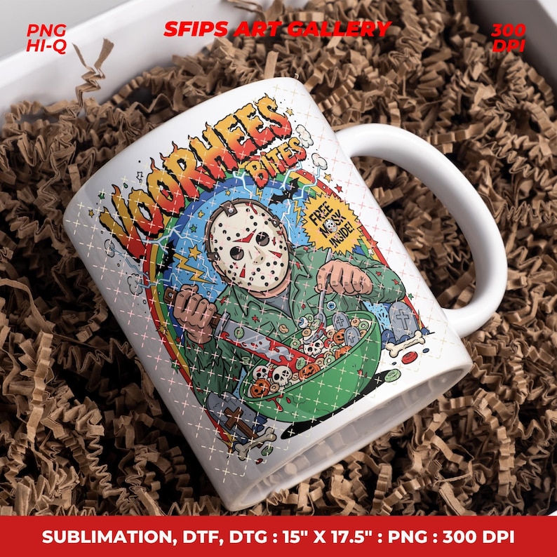 May include: White ceramic mug with a wraparound graphic featuring a masked figure holding a bloody knife over a bowl of cereal. The mug has the text "VOORHEES BITES" and "FREE MASK INSIDE!"