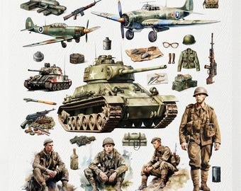 Imágenes prediseñadas militares en acuarela: más de 100 diseños del ejército, PNG de la Segunda Guerra Mundial (archivo digital de 300 DPI)