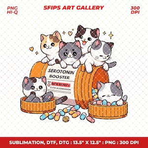 Arquivo PNG de gatos com reforço de serotonina, design criativo e artístico superfofo para camisetas gráficas de mães de gatos, adesivos, copos, chaveiros, sacolas etc.