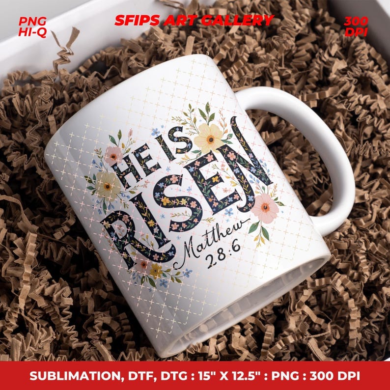 May include: White ceramic mug with the text "HE IS RISEN" and "Matthew 28:6" in black script. The mug is decorated with floral designs in pastel colors. The mug is in a box with brown paper filler.