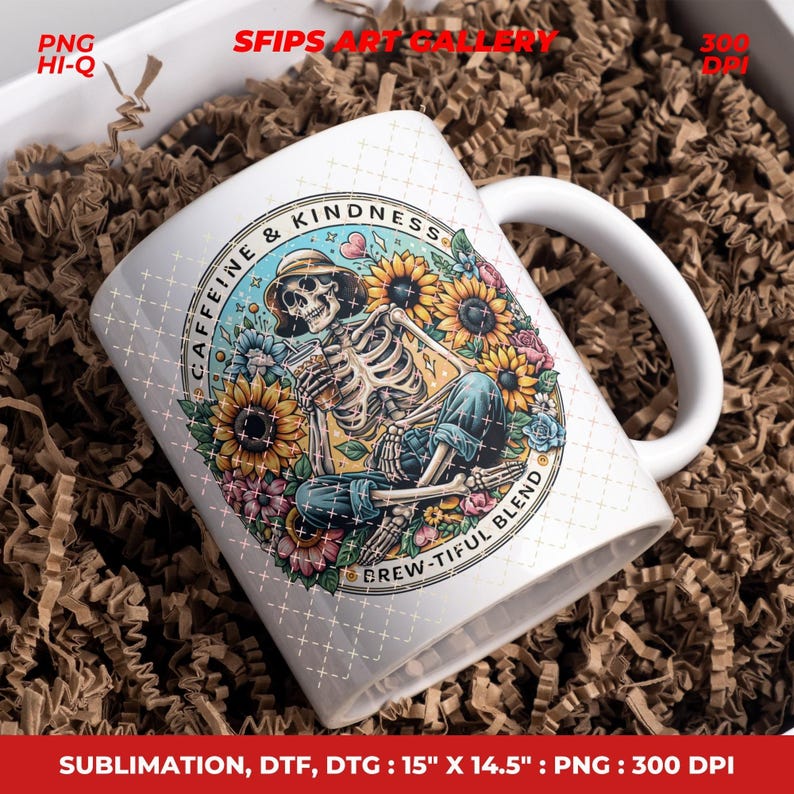 May include: White ceramic mug featuring a skeleton wearing a hat, surrounded by sunflowers and flowers. The mug has the text "CAFFEINE & KINDNESS" and "BREW-TIFUL BLEND". The mug is 15" x 14.5".