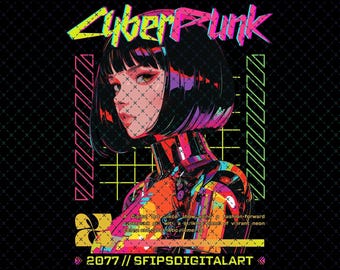 Anime Girl PNG: Cyberpunk T-Shirt Design (Digitaler Download)