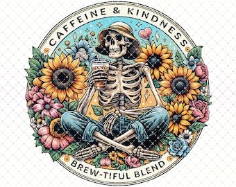 Skeleton Coffee PNG: Caffeine & Kindness Retro Graphic (Digital Download)