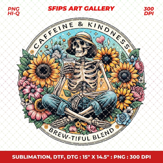 Skeleton Coffee PNG: Caffeine & Kindness Retro Graphic (Digital Download)