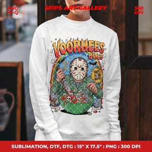 May include: White sweatshirt with a colourful graphic of a masked character holding a knife, and the text "Voorhees Bites." The design includes a rainbow and a bowl of Halloween treats. The sweatshirt has long sleeves.