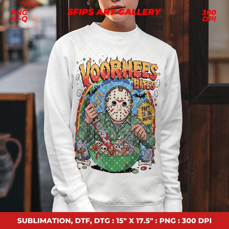 May include: White sweatshirt with a colourful graphic of a masked character holding a knife, and the text "Voorhees Bites." The design includes a rainbow and a bowl of Halloween treats. The sweatshirt has long sleeves.