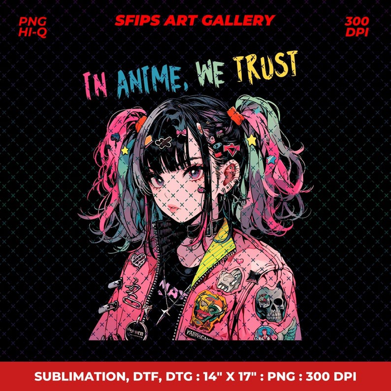 K&ouml;nnte beinhalten: Anime-Illustration eines M&auml;dchens mit schwarzen Haaren und bunten Z&ouml;pfen, das eine rosa Jacke mit Aufn&auml;hern tr&auml;gt. Der Text "IN ANIME, WE TRUST" wird &uuml;ber dem M&auml;dchen angezeigt. Das Bild ist 35,56 cm x 43,18 cm und 300 DPI.