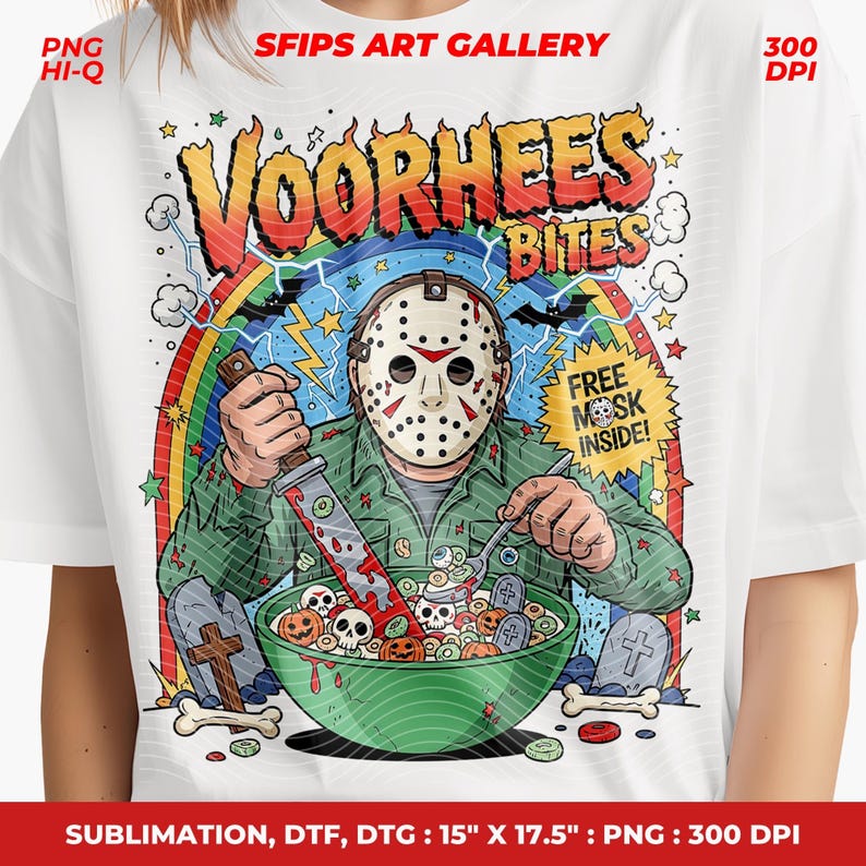 May include: White t-shirt with a graphic of a masked figure holding a bloody knife and spoon over a bowl of cereal. The text "VOORHEES BITES" and "FREE MASK INSIDE!" are displayed. The shirt is 38.1cm x 44.45cm.