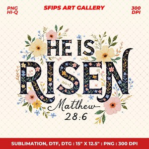 May include: A floral design with the words "HE IS RISEN" in a decorative font, surrounded by flowers and foliage. The text "Matthew 28:6" is below. The image is on a cream background with a subtle pattern. The dimensions are 15" x 12.5".