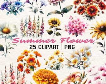Clipart di fiori estivi ad acquerello: set PNG botanico (download digitale)