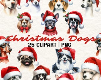 Clipart di cane di Natale: cucciolo acquerello con cappello da Babbo Natale (download digitale)