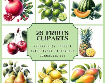 Watercolor Fruit Clipart: 25 PNG Illustrations (Digital Download)