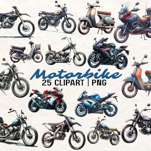 25 Motorcycle Watercolor Clipart: Motorbike PNG Graphics (Digital Download)