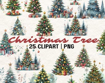 Clipart di alberi di Natale ad acquerello: illustrazioni PNG per le vacanze (25 file) (download digitale)
