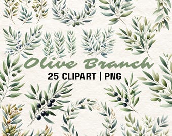 25 Watercolor Olive Branch Clipart: Botanical Greenery PNG (Digital Download)