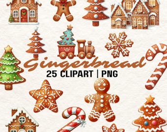 Clipart acquerello di pan di zenzero: immagini PNG di Natale (download digitale)