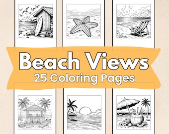 Disegni da colorare sulla spiaggia: paesaggi estivi, viste sull'oceano (download PDF)