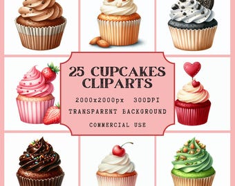 25 Cupcakes Clipart / Sfondo trasparente / Cupcake Clipart / Download immediato / PNG