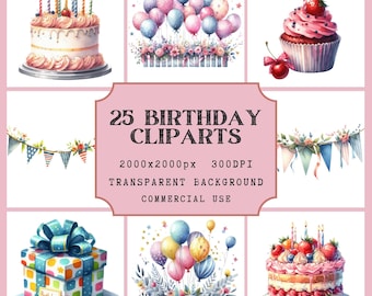 25 Compleanno Acquerello Clipart / Sfondo Trasparente / Acquerello / Download Istantaneo / PNG